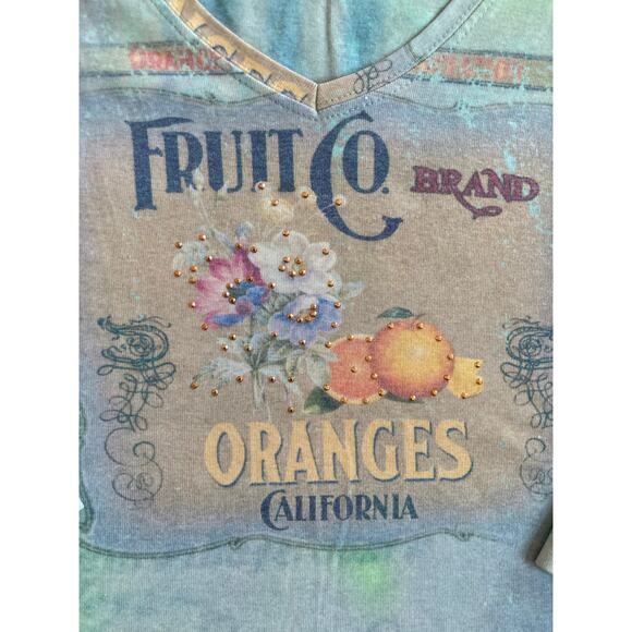 Vintage Fruit Co Top Small Rhinestone California Floral 3/4 Sleeve Shirt Y2K - Picture 2 of 14